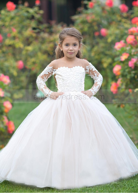 Long Sleeves Ivory Lace Tulle Illusion Neck Floor Length Flower Girl Dress